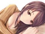  blush breasts brown_eyes brown_hair cleavage closed_mouth collarbone commentary_request face idolmaster idolmaster_cinderella_girls large_breasts long_hair looking_at_viewer lying mifune_miyu nannacy7 on_side ponytail smile 