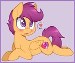  &lt;3 ... 2016 blush border cub cute cutie_mark equine eyelashes feathered_wings feathers female feral friendship_is_magic full-length_portrait grey_background hair higglytownhero lying mammal my_little_pony nude open_mouth pegasus portrait purple_border purple_eyes purple_hair scootaloo_(mlp) short_hair simple_background solo speech_bubble tongue wings young 