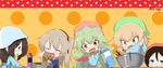  anchovy apron blonde_hair blue_eyes boko_(girls_und_panzer) bottle brown_hair chocolate_making cooking fang girls_und_panzer green_hair hair_down hat head_scarf highres jinguu_(4839ms) katyusha kindergarten_uniform mika_(girls_und_panzer) milk_carton multiple_girls nonna orange_eyes patterned_background shimada_arisu side_ponytail skull_and_crossbones stirring younger 