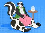 2017 2_toes 4_fingers abstract_background animate_inanimate anthro black_fur black_nose blue_background bottomless bovine cattle clothed clothing digital_drawing_(artwork) digital_media_(artwork) firr fur green_vest hair inflatable kitsunekit living_inflatable male mammal milk multicolored_fur open_mouth rubber shiny simple_background skunk smile solo spots spotted_tail striped_fur striped_tail stripes teats toes transformation udders vest white_fur white_hair 