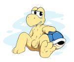  anthro balls claws feet flaccid foreskin half-closed_eyes koopa_troopa looking_at_viewer male navel nude oob penis reptile scalie shell simple_background sitting smile solo sweat turtle 