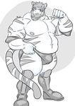  anthro beard belly big_belly boots bulge clothing facial_hair feline flexing footwear kazushi looking_at_viewer male mammal muscular muscular_male nipples overweight pecs smile solo standing underwear 