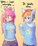 anthro big_breasts blush breasts clothing collar equine female fluttershy_(mlp) friendship_is_magic hoodie_(artist) humanoid_penis mammal my_little_pony pants penis rainbow_dash_(mlp) shorts sweat sweater 