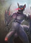  anthro anthrofied balls big_penis capcom claws collar cum cum_on_penis daftpatriot fur glowing glowing_eyes humanoid_penis klongi male monster monster_hunter nargacuga nude pecs penis red_eyes sharp_claws sharp_teeth smile solo standing teeth thick_penis vein veiny_penis video_games wings 