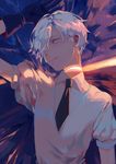  absurdres androgynous antarcticite gem_uniform_(houseki_no_kuni) gloves hair_over_one_eye highres houseki_no_kuni necktie short_hair silver_eyes smile solo tamomoko upper_body white_eyes white_hair 