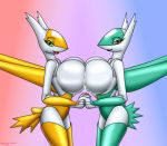  2019 anthro anthrofied big_breasts breast_squish breasts breasts_frottage chameloshi duo female female/female gradient_background green_eyes hand_holding lactating latias latios legendary_pok&eacute;mon looking_at_viewer milk nintendo orange_eyes pok&eacute;mon pok&eacute;mon_(species) pok&eacute;morph shiny_pok&eacute;mon signature simple_background smile video_games 