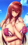  bad_id bad_pixiv_id bangs bare_arms bare_shoulders beach between_breasts bikini blurry bracelet breasts cloud commentary_request day depth_of_field fate/grand_order fate_(series) finger_to_mouth highres jewelry large_breasts long_hair looking_at_viewer navel pink_bikini purple_bikini purple_hair red_eyes scathach_(fate)_(all) scathach_(swimsuit_assassin)_(fate) skindentation smile solo swimsuit upper_body zukky 