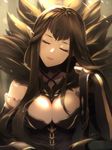  bangs between_breasts black_dress breasts brown_hair cleavage closed_eyes commentary_request detached_sleeves dress facing_viewer fate/apocrypha fate/grand_order fate_(series) fur_trim hand_up head_tilt koruta_(nekoimo) large_breasts long_hair long_sleeves parted_lips pointy_ears semiramis_(fate) sitting solo very_long_hair 