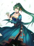  blush breasts dress fire_emblem fire_emblem:_rekka_no_ken fire_emblem_heroes green_eyes green_hair high_ponytail highres large_breasts long_hair looking_at_viewer lyndis_(fire_emblem) machi_wt ponytail simple_background smile solo 