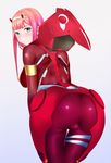  1girl ass blush bodysuit breasts darling_in_the_franxx from_behind green_eyes hairband horns huge_ass large_breasts leaning leaning_forward long_hair looking_at_viewer nkuroo pink_hair red_bodysuit shiny shiny_clothes shiny_hair sideboob skin_tight smile solo zero_two_(darling_in_the_franxx) 