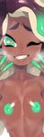  ;) absurdres bad_id bad_pixiv_id breasts breasts_apart cephalopod_eyes collarbone dark_skin double_v eyes_visible_through_hair fang glo-s-s green_eyes green_hair green_skin grin hands_up highres iida_(splatoon) long_hair looking_at_viewer medium_breasts mole mole_under_mouth multicolored multicolored_hair multicolored_skin nipples nude octarian one_eye_closed pink_pupils purple_hair smile solo splatoon_(series) splatoon_2 steam stomach suction_cups tentacle_hair upper_body v wet 