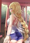  artist_name ass back back_tattoo backless_outfit blonde_hair blush braid breasts day fate/apocrypha fate_(series) from_behind highres hips holding_hands jeanne_d'arc_(fate) jeanne_d'arc_(fate)_(all) kaetzchen large_breasts long_braid long_hair looking_at_viewer looking_back multiple_torii out_of_frame outdoors pov pov_hands purple_eyes shirt shorts single_braid smile tattoo torii very_long_hair watch white_shirt wristwatch 