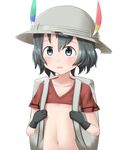  1girl artist_request backpack black_hair blue_eyes blush collarbones embarrassed feather flat_chest gloves kaban_(kemono_friends) kemono_friends modified_clothing shirt short_hair simple_background solo t-shirt 