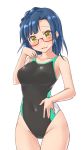  1girl aimobake ass_visible_through_thighs bare_arms bare_shoulders black_swimsuit blue_hair blush braid breasts collarbone commentary_request competition_swimsuit covered_navel glasses gluteal_fold groin hand_up head_tilt highres idolmaster idolmaster_million_live! long_hair looking_at_viewer looking_over_eyewear medium_breasts nanao_yuriko one-piece_swimsuit parted_lips red-framed_eyewear semi-rimless_eyewear sidelocks simple_background smile solo standing swimsuit thigh_gap thighs under-rim_eyewear white_background yellow_eyes 