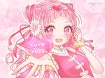  blush cure_yell dress huggto_precure! long_hair magical_girl pink_hair red_eyes smile twin_buns 