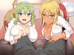  2girls bangs bikini_top black_legwear blonde_hair blue_eyes blush boku_no_oshiego_wa_bitch_gal breast_press breasts carpet cleavage clothes_around_waist couch dark_skin earrings erection green_hair hair_between_eyes hair_scrunchie high_ponytail highres hoop_earrings huge_breasts impossible_clothes indoors kneeling legs long_hair long_sleeves looking_at_viewer mole mole_on_breast mole_under_eye multiple_girls open_mouth original parted_lips ponytail pov purple_eyes red_skirt school_uniform scrunchie sitting skirt sleeves_pushed_up smile thighhighs thighs twintails unbuttoned uo_denim 
