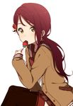  alternate_hairstyle bow bowtie brown_cardigan cardigan eating food fruit hair_ornament heart heart_hair_ornament highres icehotmilktea long_sleeves looking_at_viewer love_live! love_live!_school_idol_festival love_live!_sunshine!! red_hair sailor_collar sakurauchi_riko school_uniform simple_background sleeves_past_wrists solo strawberry thighhighs twintails white_background yellow_eyes 
