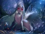  all_fours claws commentary_request dark fangs feathers flat_chest forest full_body fuyouchu horns long_hair looking_at_viewer monster_girl monster_hunter monster_hunter:_world nature navel nipples nude open_mouth outdoors personification red_eyes scales slit_pupils solo tail tobi-kadachi tongue tree white_hair 