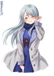  1girl alternate_costume blue_dress dress ebifurya eyebrows_visible_through_hair grey_coat hair_between_eyes highres kantai_collection long_hair one_eye_closed open_mouth purple_eyes sagiri_(kantai_collection) silver_hair simple_background smile twitter_username white_background 