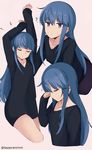  1girl black_shirt blue_hair closed_mouth long_hair looking_at_viewer purple_eyes rubbing_eyes shima_rin signature simple_background solo stretching tasora yurucamp 