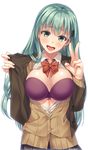  aqua_hair bangs blazer blush bow bow_bra bowtie bra breasts brown_cardigan brown_jacket brown_skirt cardigan collared_shirt commentary_request dress_shirt eyebrows_visible_through_hair fingernails green_eyes hair_ornament hairclip head_tilt highres imachireki jacket kantai_collection large_breasts long_hair looking_at_viewer nail_polish open_mouth partially_unbuttoned purple_bra red_bow red_neckwear remodel_(kantai_collection) school_uniform shiny shiny_skin shirt simple_background skirt solo suzuya_(kantai_collection) twitter_username underwear v white_background white_shirt 