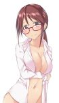  1girl aimobake breasts brown_hair cleavage closed_mouth collarbone collared_shirt commentary_request dress_shirt glasses head_tilt highres idolmaster idolmaster_cinderella_girls large_breasts long_hair long_sleeves looking_at_viewer looking_over_eyewear mifune_miyu naked_shirt navel no_bra open_clothes open_shirt ponytail red-framed_eyewear red_eyes shirt sidelocks simple_background smile solo stomach upper_body white_background white_shirt 