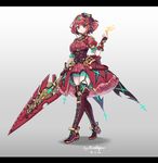  adapted_costume alternate_costume blush breasts dress earrings full_body gloves highres homura_(xenoblade_2) jewelry large_breasts letterboxed looking_at_viewer north_abyssor red_eyes red_hair short_hair simple_background smile solo steampunk sword tiara weapon xenoblade_(series) xenoblade_2 