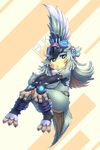  claws crop_top detached_sleeves feather_hair feathers flat_chest fur_collar gem goggles goggles_on_head highres ibuki_(xenoblade) long_hair monster_girl open_mouth raijin_(shinobidx) simple_background solo talons toeless_legwear xenoblade_(series) xenoblade_2 