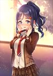  blue_hair blush bracelet brown_jacket brown_skirt collared_shirt commentary_request hands_on_own_cheeks hands_on_own_face jacket jewelry long_sleeves looking_at_viewer love_live! love_live!_sunshine!! matsuura_kanan moyui_(myi_005) necktie polka_dot polka_dot_scrunchie ponytail purple_eyes red_neckwear red_scrunchie scrunchie shirt sidelocks skirt solo sweatdrop wavy_hair white_shirt wrist_scrunchie 