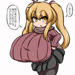  1girl black_legwear blonde_hair breasts female gigantic_breasts hair_ornament highres leaning_forward long_twintails looking_at_viewer miniskirt moyashi_udon open_mouth ribbed_sweater simple_background skirt solo standing sweater thighhighs translation_request twintails white_background yellow_eyes 