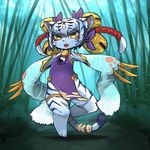  black_hair forest furry japanese_clothes kamukamu6392 open_mouth tiger two-tone_hair white_hair white_tiger yellow_eyes 