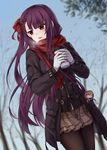  bangs bare_tree black_coat blue_sky blunt_bangs blurry blurry_background blush braid breath brown_legwear brown_skirt character_doll chien_zero coat cold cup day depth_of_field disposable_cup dutch_angle enpera eyebrows_visible_through_hair floral_print french_braid fringe_trim girls_frontline gloves hair_ribbon highres holding holding_cup lips little_red_riding_hood long_hair long_sleeves looking_to_the_side m1903_springfield_(girls_frontline) miniskirt open_clothes open_coat outdoors pantyhose plaid plaid_skirt print_scarf red_hair red_scarf ribbon scarf skirt sky solo straight_hair tree tsurime two-handed wa2000_(girls_frontline) white_gloves 