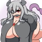  1girl bent_over borrowed_character bottomless breasts cleavage eyepatch female gradient_background grey_hair hanging_breasts horns huge_breasts long_hair looking_at_viewer mask moyashi_udon no_bra open_clothes red_eyes shirt simple_background solo standing tail 
