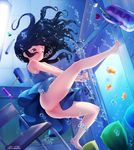  black_hair born-to-die brown_eyes bubble chair chalkboard classroom dress eraser fish highres lock long_hair no_panties padlock pencil pencil_case peril pussy solo uncensored underwater 