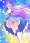  1girl ahoge blue_eyes boots closed_mouth cure_selene from_below haruyama_kazunori kaguya_madoka long_hair looking_at_viewer magical_girl precure puffy_short_sleeves puffy_sleeves purple_hair purple_skirt short_sleeves skirt smile solo standing star star_twinkle_precure starry_background white_footwear 