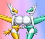  2019 anthro anthrofied big_breasts breast_squish breasts breasts_frottage chameloshi duo female female/female gradient_background green_eyes hand_holding latias latios legendary_pok&eacute;mon looking_at_viewer nintendo orange_eyes pok&eacute;mon pok&eacute;mon_(species) pok&eacute;morph shiny_pok&eacute;mon signature simple_background smile video_games 