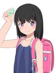  backpack bag black_hair blush bubukka candy character_request closed_mouth competition_school_swimsuit crime_prevention_buzzer eyebrows_visible_through_hair food looking_at_viewer one-piece_swimsuit purple_eyes short_hair simple_background sleeveless smile solo swimsuit white_background 