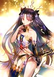  asymmetrical_legwear asymmetrical_sleeves black_hair black_ribbon blue_legwear breasts choker collarbone cowboy_shot detached_sleeves eyebrows_visible_through_hair fate/grand_order fate_(series) finger_to_mouth floating_hair groin hair_ribbon holding holding_weapon index_finger_raised ishtar_(fate/grand_order) long_hair medium_breasts midriff navel panties red_eyes ribbon solo standing stomach thighhighs underwear very_long_hair weapon weed_(astarone) white_panties 