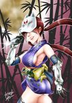  1girl artist_request ass bare_shoulders breasts elbow_gloves gauntlets gloves grin japanese_clothes kunai kunimitsu large_breasts long_hair looking_at_viewer low_twintails mask mole_under_mouth red_eyes red_hair scar shiny shiny_clothes shiny_hair shiny_skin short_kimono sideboob smile solo tekken tekken_tag_tournament_2 thighhighs twintails weapon 