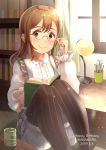  1girl 2019 adjusting_eyewear bangs birthday book bookshelf character_name commentary_request cowengium cup curtains dated desk_lamp english_text glasses happy_birthday highres holding holding_book indoors kunikida_hanamaru lamp lampshade light_brown_hair long_hair long_sleeves love_live! love_live!_sunshine!! on_lap pantyhose reading rimless_eyewear round_eyewear scissors shiny shiny_hair sidelocks sitting smile solo striped striped_legwear table vertical-striped_legwear vertical_stripes window yellow_eyes 