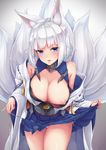  animal_ears areola_slip areolae azur_lane bare_shoulders blue_eyes blush breasts collar collarbone cowboy_shot eyebrows_visible_through_hair fox_ears fox_tail gradient gradient_background grey_background highres japanese_clothes kaga_(azur_lane) kimono kurofude_anastasia kyuubi large_breasts lifted_by_self long_sleeves looking_at_viewer multiple_tails nipple_slip nipples obi off_shoulder open_clothes open_kimono panties parted_lips ribbon-trimmed_sleeves ribbon_trim sash shiny shiny_hair short_hair side-tie_panties silver_hair skirt skirt_lift solo standing sweat tail thighs tsurime underwear undressing upskirt white_kimono white_panties wide_sleeves 