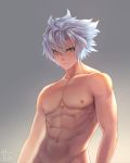  1boy abs bare_shoulders bettle_(b_s_a_n) brown_eyes emperor_(sennen_sensou_aigis) grey_background hair_between_eyes highres looking_at_viewer male_focus muscle navel sennen_sensou_aigis serious silver_hair simple_background solo standing upper_body 