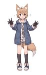  ahoge animal_ear_fluff animal_ears black_gloves black_legwear blonde_hair boots brown_hair eyebrows_visible_through_hair fang flying_sweatdrops fox_ears fox_girl fox_tail full_body gloves highres hood hoodie kneehighs looking_at_viewer original shirt shone short_hair shorts simple_background solo standing tail thick_eyebrows white_background 