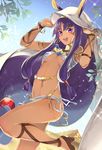  :d adjusting_hair animal_ears annojou_haruto breasts commentary_request dark_skin fate/grand_order fate_(series) long_hair looking_at_viewer navel nitocris_(fate/grand_order) open_mouth purple_eyes purple_hair small_breasts smile solo underboob 