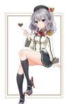  :o arm_at_side bangs beret black_hat black_legwear black_skirt blue_eyes blush border breasts double-breasted epaulettes frilled_sleeves frills grey_footwear hat hat_ribbon heart index_finger_raised invisible_chair kantai_collection kashima_(kantai_collection) knee_up kneehighs long_hair long_sleeves looking_away medium_breasts military military_uniform miniskirt neck_ribbon nuno_(pppompon) parted_lips pleated_skirt red_neckwear red_ribbon ribbon shoes short_twintails silver_hair sitting skirt solo thighs twintails uniform wavy_hair white_coat 