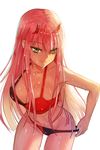  bikini breasts closed_mouth commentary_request darling_in_the_franxx green_eyes horns long_hair looking_at_viewer medium_breasts pink_hair simple_background smile solo swimsuit tutler wet white_background zero_two_(darling_in_the_franxx) 
