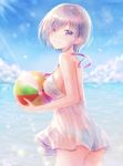  ass ball bare_shoulders beachball blue_sky breasts cloud day fate/grand_order fate_(series) looking_at_viewer mash_kyrielight medium_breasts ocean outdoors sanka_tan see-through short_hair silver_hair sky smile solo standing swimsuit swimsuit_of_perpetual_summer 