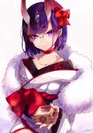  alcohol bangs bow choker closed_mouth collarbone commentary_request eyebrows_visible_through_hair fangs fangs_out fate/grand_order fate_(series) fingernails fujikiri_yana fur_collar glasses hair_bow head_tilt holding horns japanese_clothes kimono long_sleeves looking_at_viewer masu oni oni_horns purple_eyes purple_hair red_bow red_choker round_eyewear sake short_hair shuten_douji_(fate/grand_order) signature smile solo thick_eyebrows white_kimono wide_sleeves 