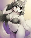  2018 abluedeer anthro bra breasts brown_eyes cat clothing digital_media_(artwork) feline female grey_hair hair mammal midriff navel smile solo underwear 