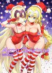  2girls :o absurdres blonde_hair blue_eyes braid breast_press breasts choker cleavage commentary dated fate_(series) fur_trim gloves hat headpiece highres ichigeki-kun jeanne_d'arc_(alter)_(fate) jeanne_d'arc_(fate) jeanne_d'arc_(fate)_(all) large_breasts leotard locked_arms long_braid long_hair merry_christmas multiple_girls red_gloves red_hat red_leotard red_ribbon ribbon santa_hat silver_hair single_braid spaghetti_strap star strapless strapless_leotard striped striped_legwear v v_over_eye very_long_hair yellow_eyes 